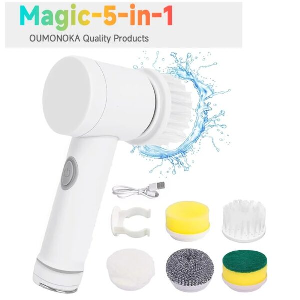 Electric Spin Scrubber USB Rechargeable Wireless Electric Cleaning Brush with 5PCS Brush Head Bathroom Kitchen Dishwashing Brush